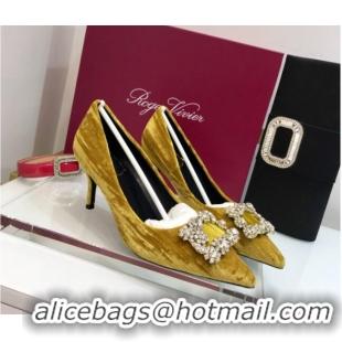 Top Quality Roger Vivier Strips Velvet Flower Strass Pumps With 7cm Heel Ginger 052630