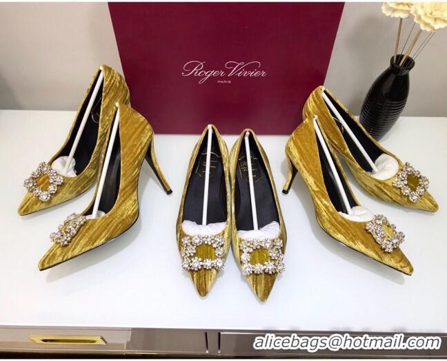 Top Quality Roger Vivier Strips Velvet Flower Strass Pumps With 7cm Heel Ginger 052630