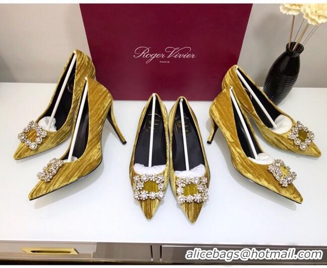 Top Quality Roger Vivier Strips Velvet Flower Strass Pumps With 10cm Heel Ginger 052628