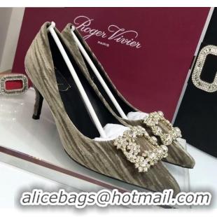 Best Luxury Roger Vivier Strips Velvet Flower Strass Pumps With 7cm Heel Grey 052632