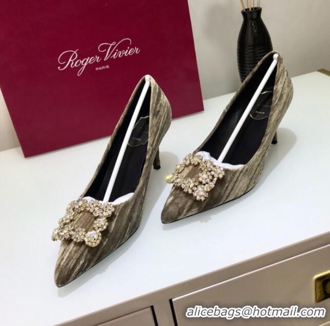 Best Luxury Roger Vivier Strips Velvet Flower Strass Pumps With 7cm Heel Grey 052632