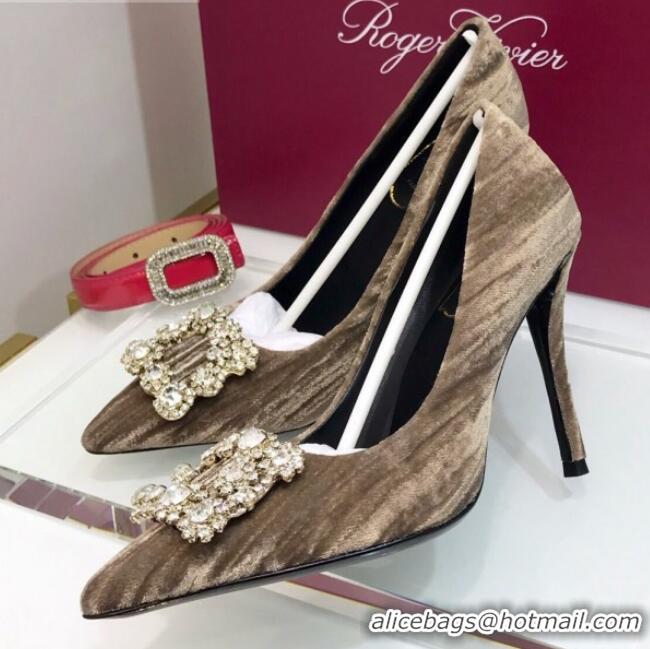 Good Quality Roger Vivier Velvet Flower Strass Pumps With 10cm Heel Grey 052632