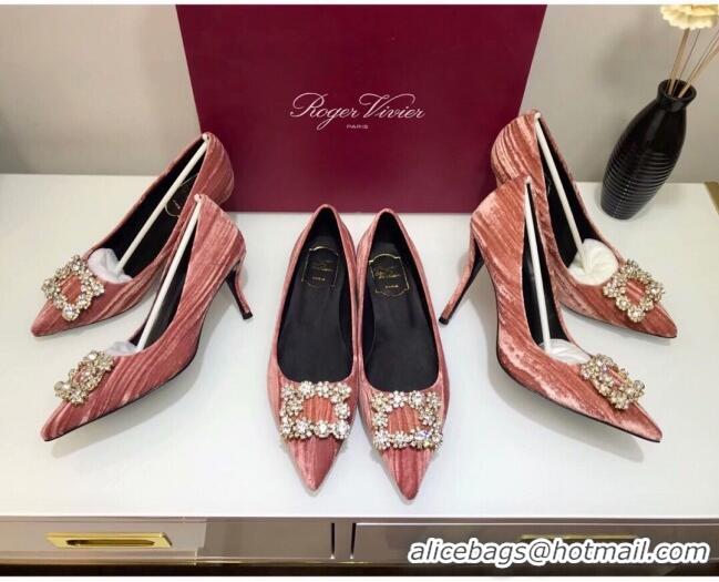 Good Product Roger Vivier Flower Strass Buckle Ballerinas in Strips Velvet Pink 052634