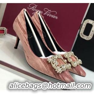 Best Price Roger Vivier Strips Velvet Flower Strass Pumps With 7cm Heel Pink 052635