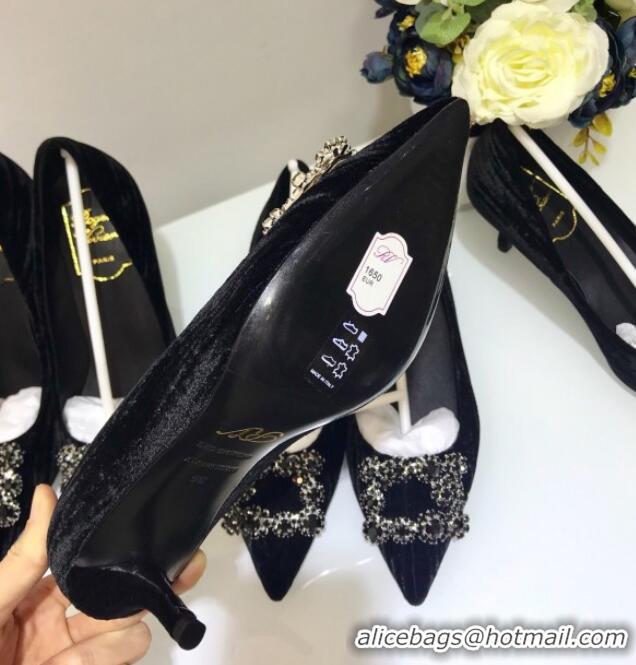 Super Quality Roger Vivier Strips Velvet Flower Strass Pumps With 7cm Heel Black 052638