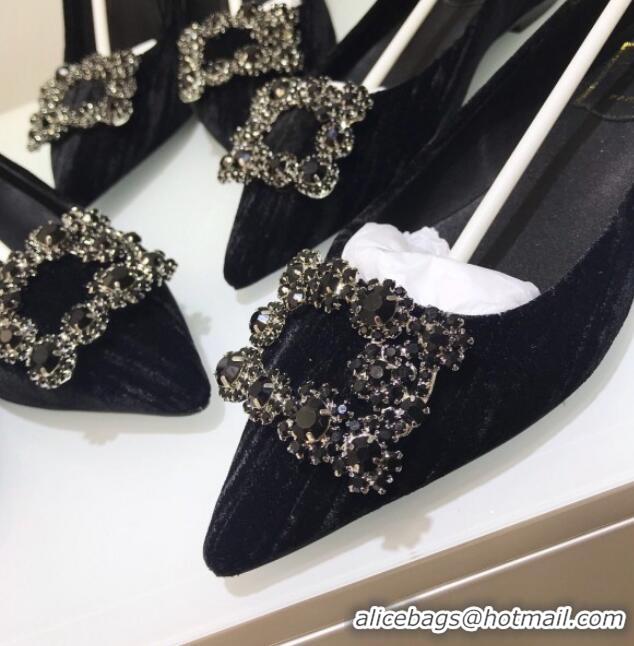 Super Quality Roger Vivier Strips Velvet Flower Strass Pumps With 7cm Heel Black 052638