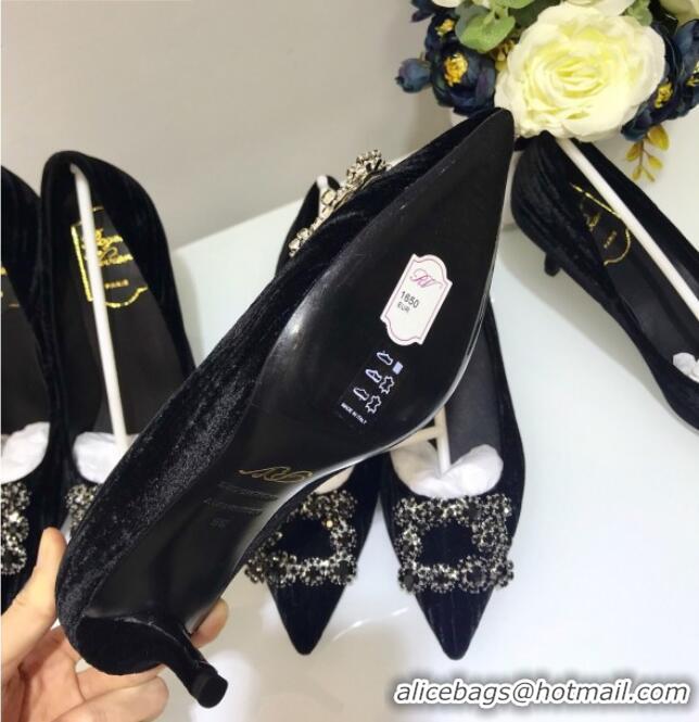 Low Cost Roger Vivier Strips Velvet Flower Strass Pumps With 10cm Heel Black 052639