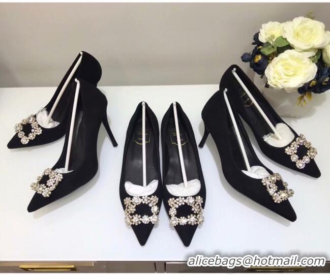 Best Design Roger Vivier Suede Flower Strass Pumps With 7cm Heel Black 052641