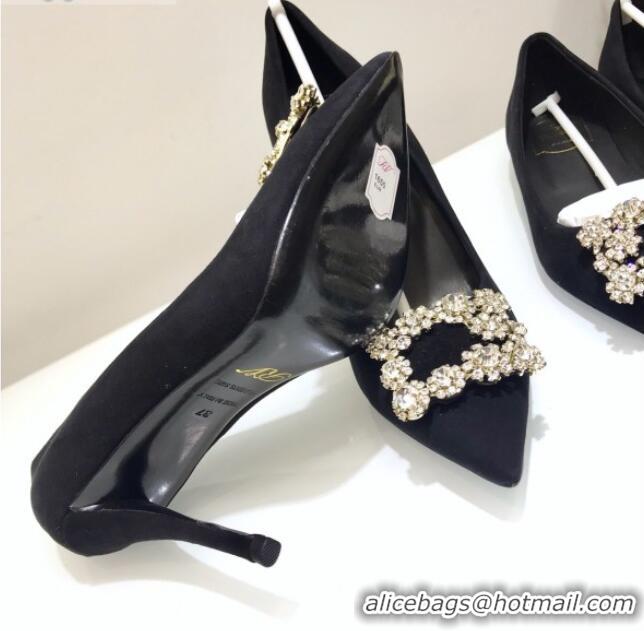 Popular Design Roger Vivier Suede Flower Strass Pumps With 10cm Heel Black 052642