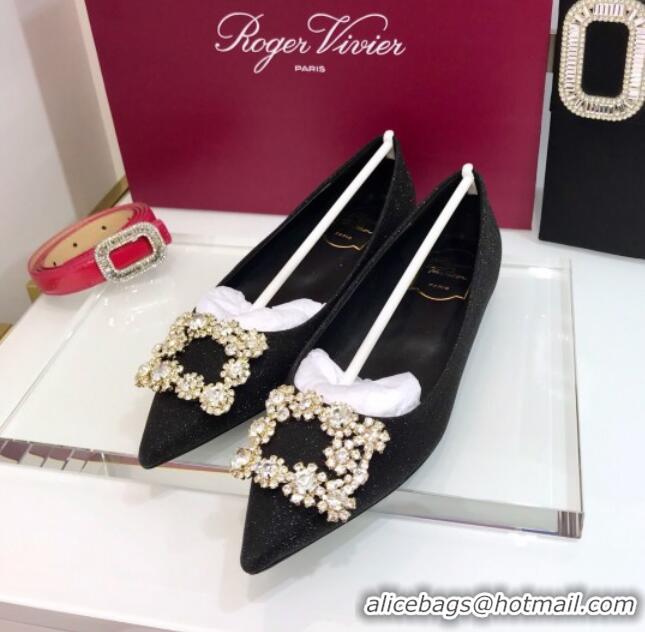 Discount Design Roger Vivier Flower Strass Buckle Ballerinas in Glitter Fabric Black 052643