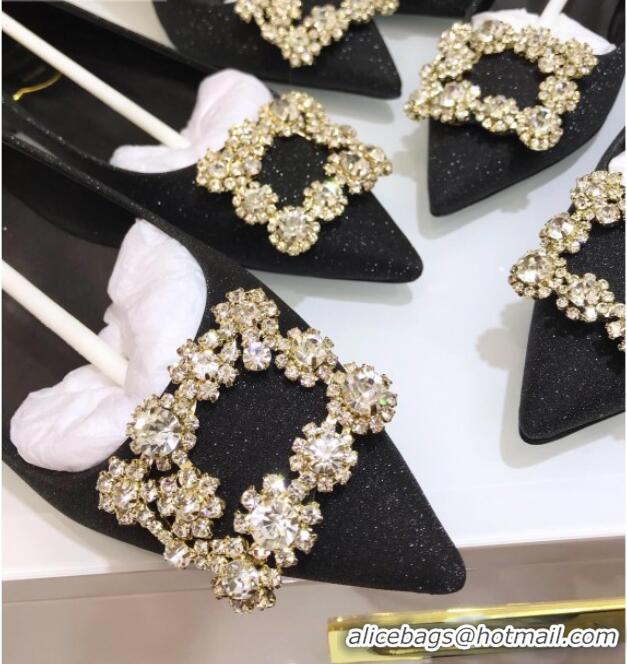 Discount Design Roger Vivier Flower Strass Buckle Ballerinas in Glitter Fabric Black 052643