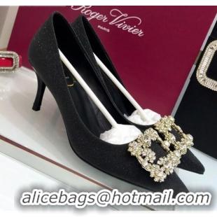 Best Price Roger Vivier Glitter Fabric Flower Strass Pumps With 7cm Heel Black 052644