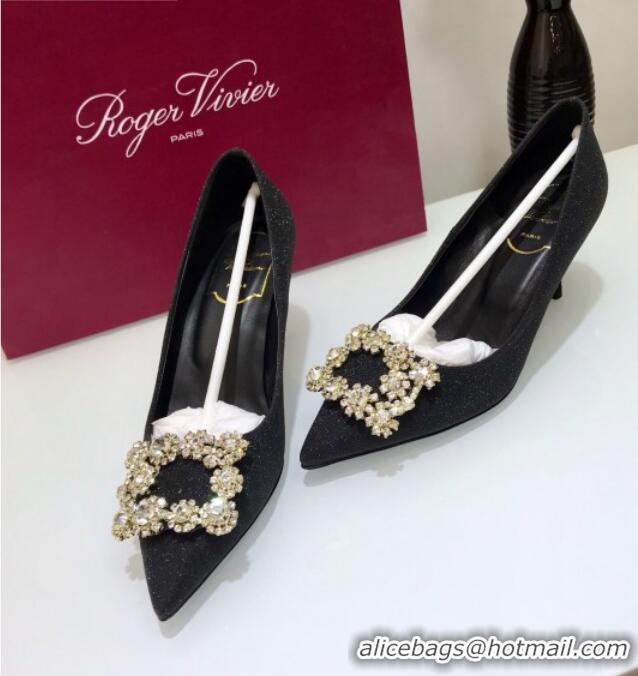 Best Price Roger Vivier Glitter Fabric Flower Strass Pumps With 7cm Heel Black 052644