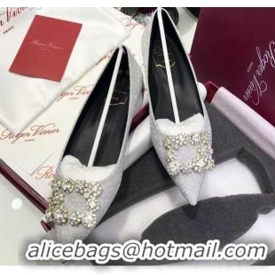 Cheap Roger Vivier Flower Strass Buckle Ballerinas in Glitter Fabric Silver 052646