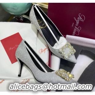 Unique Grade Roger Vivier Glitter Fabric Flower Strass Pumps With 7cm Heel Silver 052647