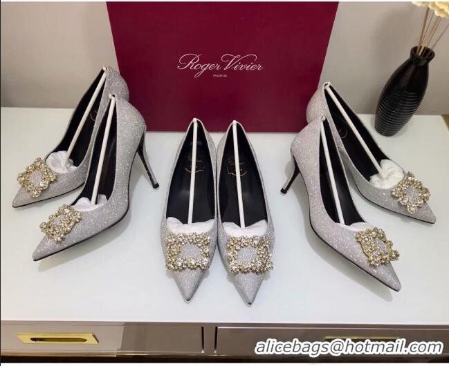 Unique Grade Roger Vivier Glitter Fabric Flower Strass Pumps With 7cm Heel Silver 052647