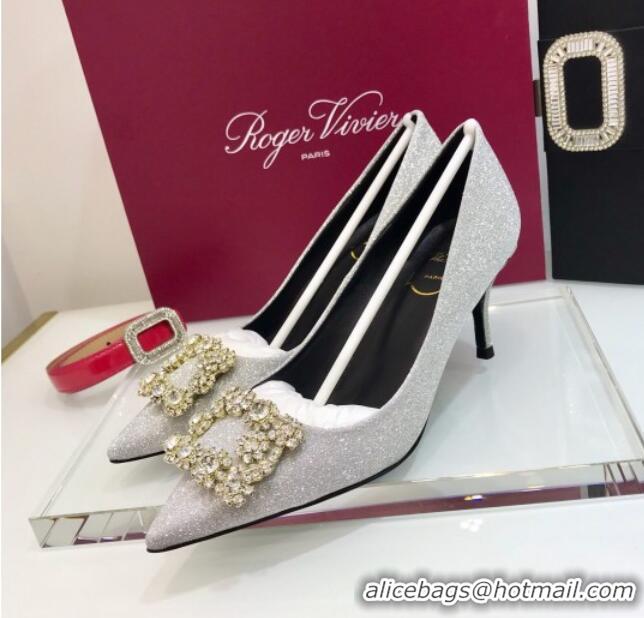 Unique Grade Roger Vivier Glitter Fabric Flower Strass Pumps With 7cm Heel Silver 052647