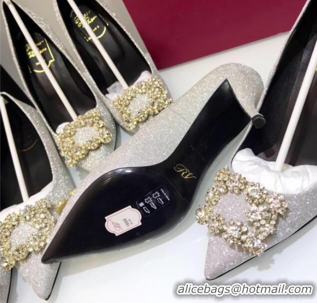 Unique Grade Roger Vivier Glitter Fabric Flower Strass Pumps With 7cm Heel Silver 052647