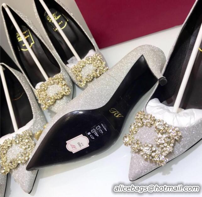 Custom Roger Vivier Glitter Fabric Flower Strass Pumps With 10cm Heel Silver 052648