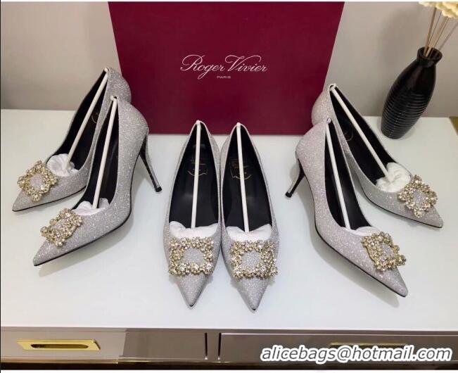 Custom Roger Vivier Glitter Fabric Flower Strass Pumps With 10cm Heel Silver 052648