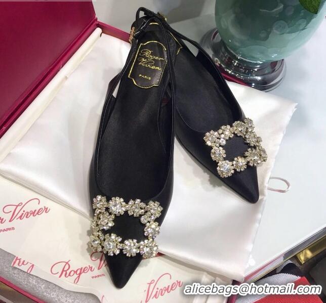 Fashion Luxury Roger Vivier Flower Strass Buckle Sling Back Ballerinas in Silk Satin Black 052649