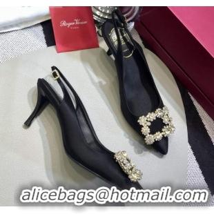 Good Quality Roger Vivier Silk Flower Strass Buckle Sling Back Pump With 7cm Heel Black 052650