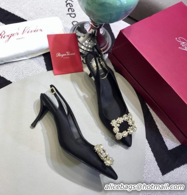 Good Quality Roger Vivier Silk Flower Strass Buckle Sling Back Pump With 7cm Heel Black 052650