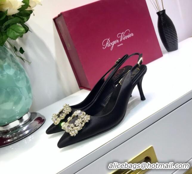 Good Quality Roger Vivier Silk Flower Strass Buckle Sling Back Pump With 7cm Heel Black 052650