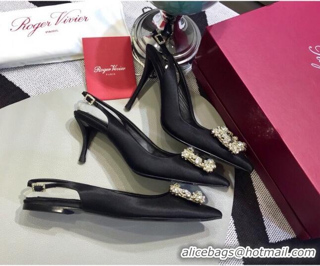 Good Quality Roger Vivier Silk Flower Strass Buckle Sling Back Pump With 7cm Heel Black 052650