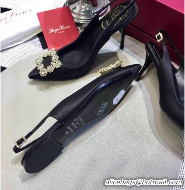 Good Quality Roger Vivier Silk Flower Strass Buckle Sling Back Pump With 7cm Heel Black 052650