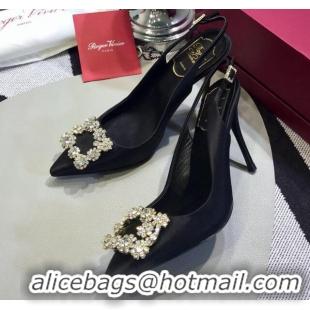 Sumptuous Roger Vivier Silk Flower Strass Buckle Sling Back Pump With 10cm Heel Black 052652