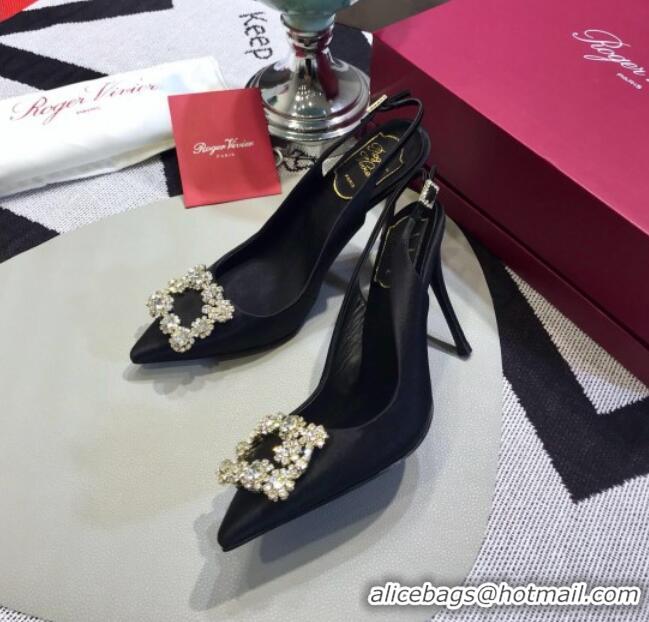 Sumptuous Roger Vivier Silk Flower Strass Buckle Sling Back Pump With 10cm Heel Black 052652