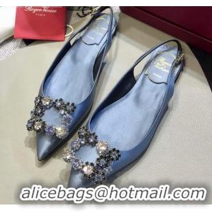 Top Design Roger Vivier Flower Strass Buckle Sling Back Ballerinas in Silk Satin Light Blue 052652