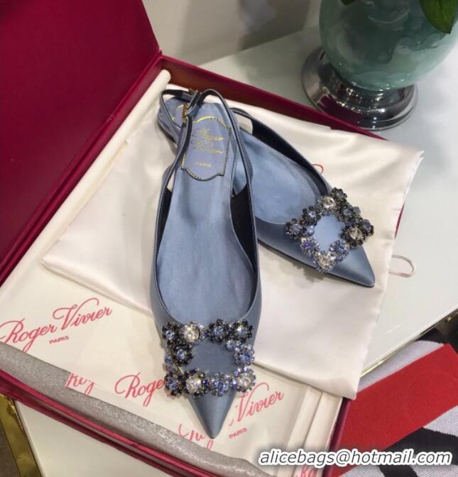 Top Design Roger Vivier Flower Strass Buckle Sling Back Ballerinas in Silk Satin Light Blue 052652