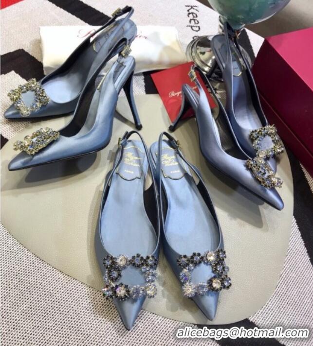 Top Design Roger Vivier Flower Strass Buckle Sling Back Ballerinas in Silk Satin Light Blue 052652