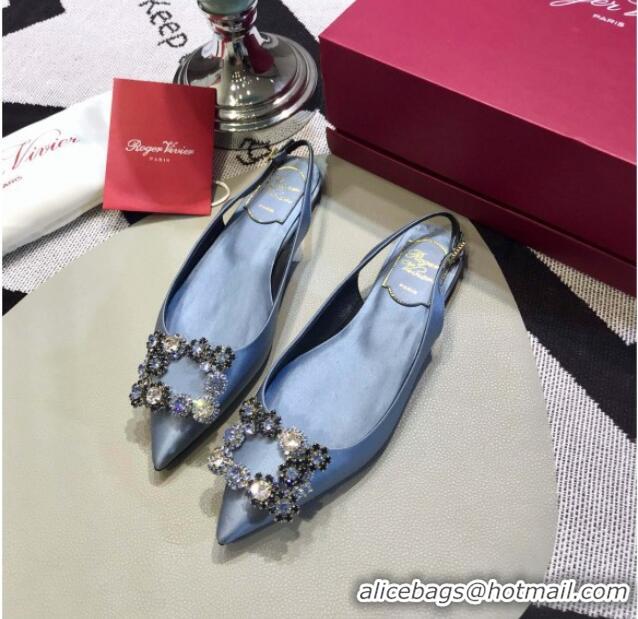 Top Design Roger Vivier Flower Strass Buckle Sling Back Ballerinas in Silk Satin Light Blue 052652