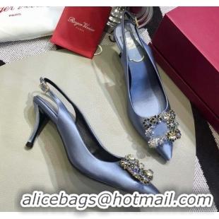 Top Grade Roger Vivier Silk Flower Strass Buckle Sling Back Pump With 7cm Heel Light Blue 052652