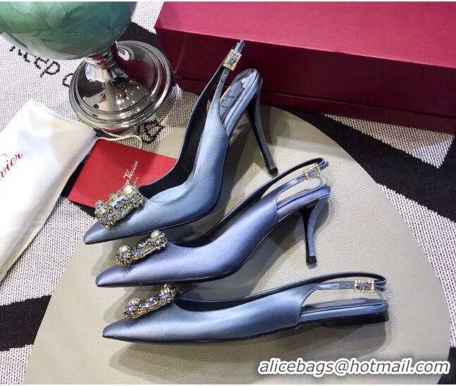 Top Grade Roger Vivier Silk Flower Strass Buckle Sling Back Pump With 7cm Heel Light Blue 052652