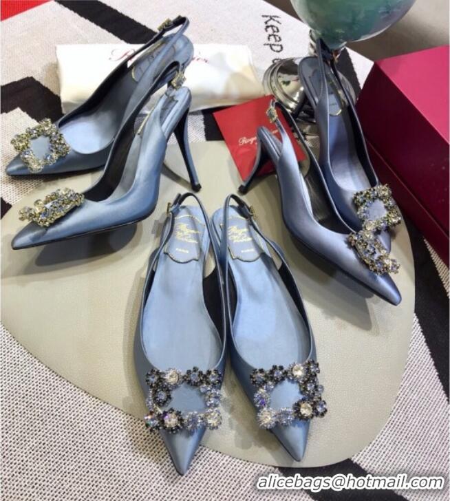 Top Grade Roger Vivier Silk Flower Strass Buckle Sling Back Pump With 7cm Heel Light Blue 052652