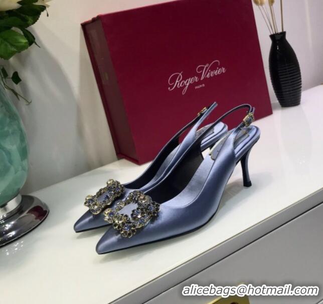 Top Grade Roger Vivier Silk Flower Strass Buckle Sling Back Pump With 7cm Heel Light Blue 052652