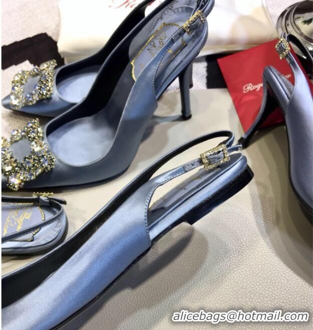 Top Grade Roger Vivier Silk Flower Strass Buckle Sling Back Pump With 7cm Heel Light Blue 052652