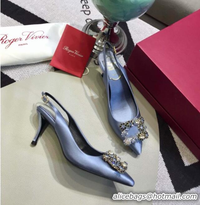 Top Grade Roger Vivier Silk Flower Strass Buckle Sling Back Pump With 7cm Heel Light Blue 052652