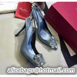 Most Popular Roger Vivier Silk Flower Strass Buckle Sling Back Pump With 10cm Heel Light Blue 052652