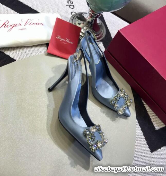 Most Popular Roger Vivier Silk Flower Strass Buckle Sling Back Pump With 10cm Heel Light Blue 052652