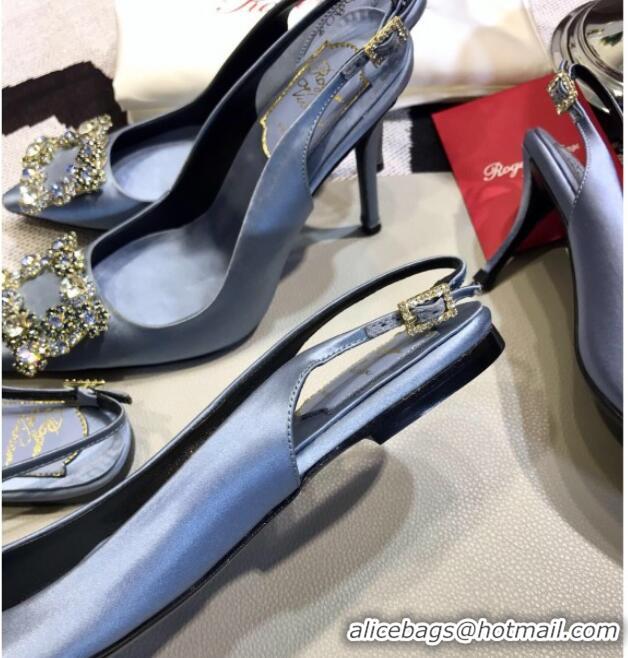 Most Popular Roger Vivier Silk Flower Strass Buckle Sling Back Pump With 10cm Heel Light Blue 052652