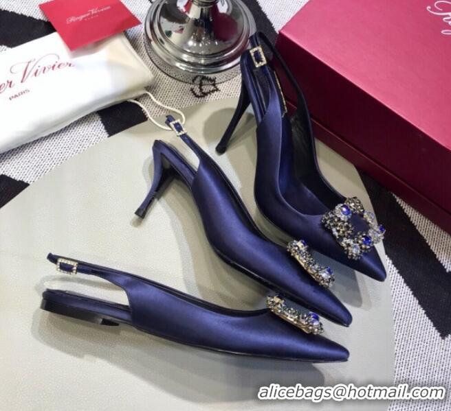 Best Price Roger Vivier Flower Strass Buckle Sling Back Ballerinas in Silk Satin Royal Blue 052656