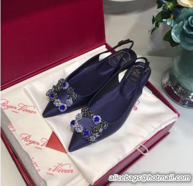 Best Price Roger Vivier Flower Strass Buckle Sling Back Ballerinas in Silk Satin Royal Blue 052656