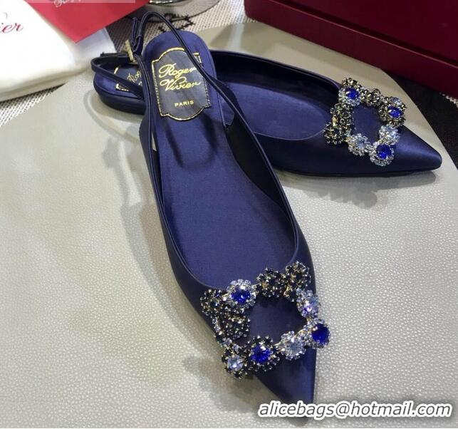 Best Price Roger Vivier Flower Strass Buckle Sling Back Ballerinas in Silk Satin Royal Blue 052656