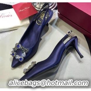 Best Grade Roger Vivier Silk Flower Strass Buckle Sling Back Pump With 7cm Heel Royal Blue 052657