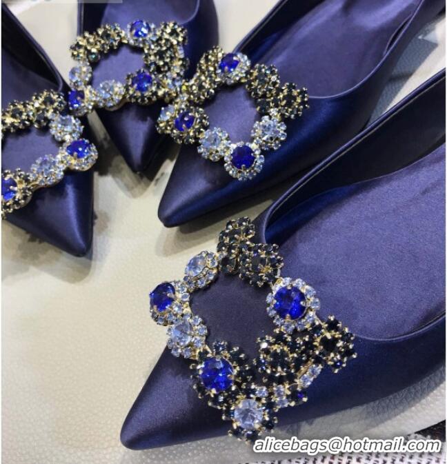 Best Grade Roger Vivier Silk Flower Strass Buckle Sling Back Pump With 7cm Heel Royal Blue 052657